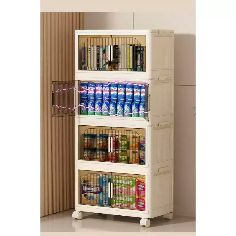 MAYEERTY Meuble de Rangement Pliable en Plastique à 4 Niveaux avec Portes Magnétiques et Roues, Organiseurs et Conteneurs de Rangement Blancs pour Petits Espaces