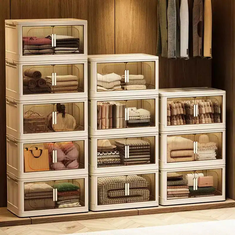 MAYEERTY Meuble de Rangement Pliable en Plastique à 4 Niveaux avec Portes Magnétiques et Roues, Organiseurs et Conteneurs de Rangement Blancs pour Petits Espaces