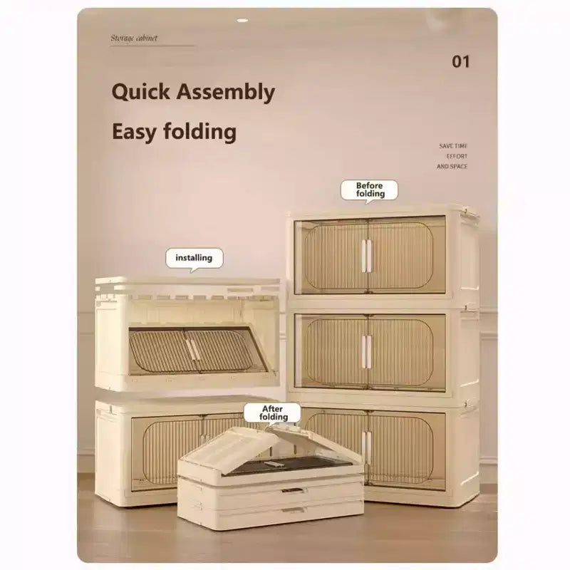MAYEERTY Meuble de Rangement Pliable en Plastique à 4 Niveaux avec Portes Magnétiques et Roues, Organiseurs et Conteneurs de Rangement Blancs pour Petits Espaces