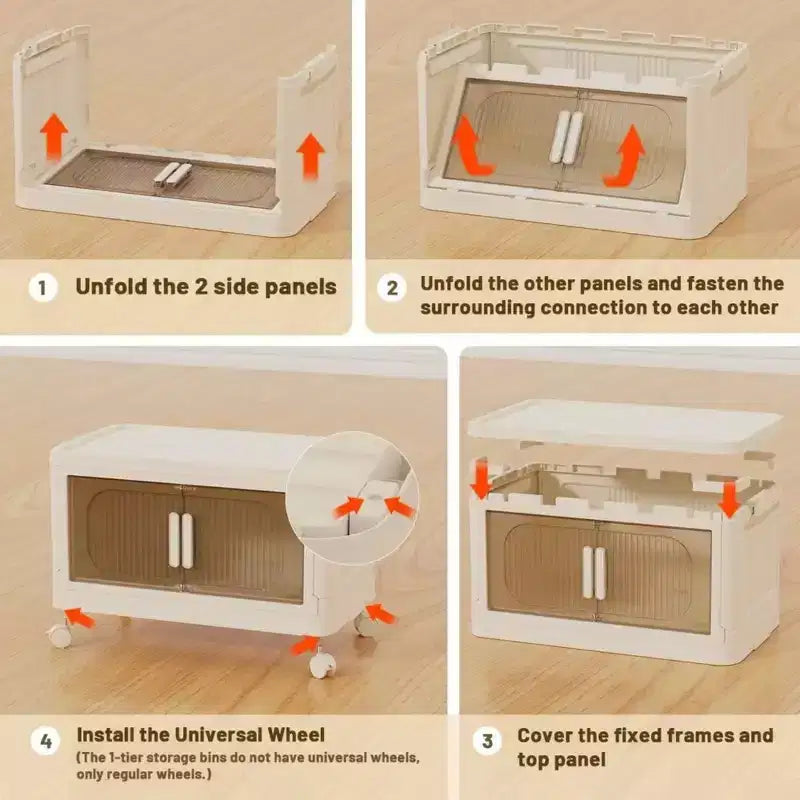 MAYEERTY Meuble de Rangement Pliable en Plastique à 4 Niveaux avec Portes Magnétiques et Roues, Organiseurs et Conteneurs de Rangement Blancs pour Petits Espaces