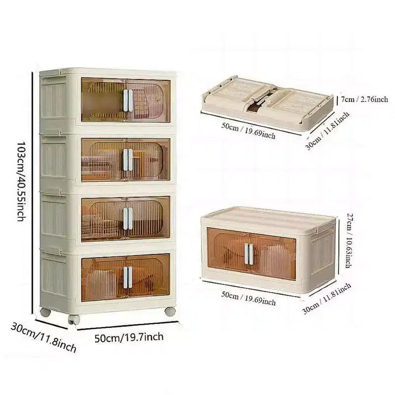 MAYEERTY Meuble de Rangement Pliable en Plastique à 4 Niveaux avec Portes Magnétiques et Roues, Organiseurs et Conteneurs de Rangement Blancs pour Petits Espaces