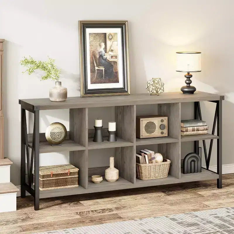 Acekool 62 Meuble de rangement 8 cubes, Étagère horizontale industrielle à 3 niveaux en métal et bois pour entrée, salon