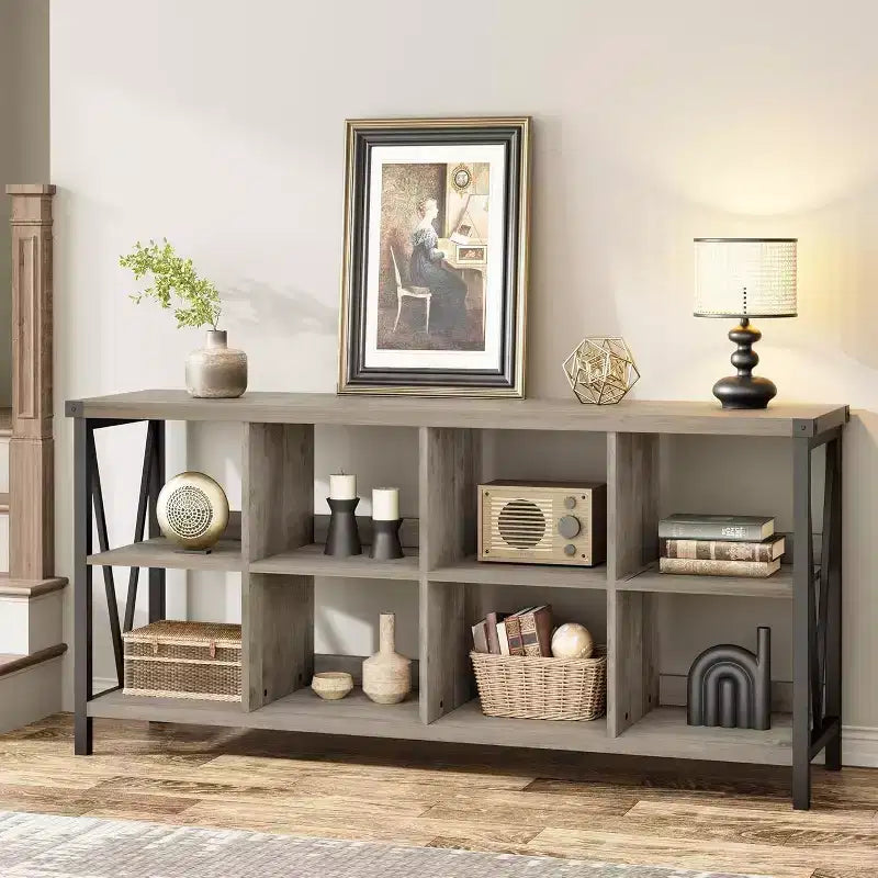 Acekool 62 8-Cube Storage Organizer Console Bookshelf, 3-Tier Industrial Metal & Wood Horizontal Shelf for Entryway, Living Room