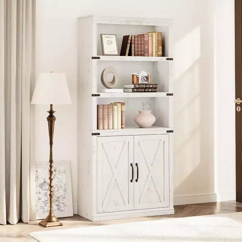 Acekool 5-Tier Farmhouse Bookshelf with Doors, Wooden Storage Cabinet for Living Room, Office, Bedroom