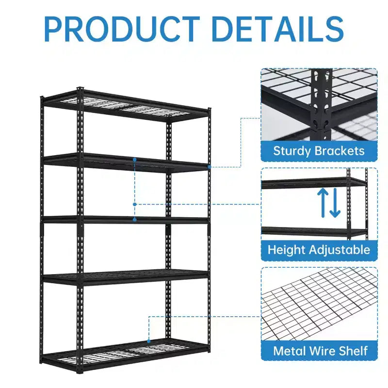 Étagère de garage 48x18 pouces, étagère métallique robuste capacité 2500 lb, étagère métallique réglable à 5 niveaux, étagère utilitaire industrielle pour garage