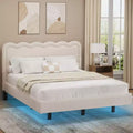 Dyonery Queen Size Boucle Bed Frame with LED Light,Floating Bed Frame with Waved Headboard & Sturdy Metal Frame,No Box Spring Noise-Free,Easy Assembly