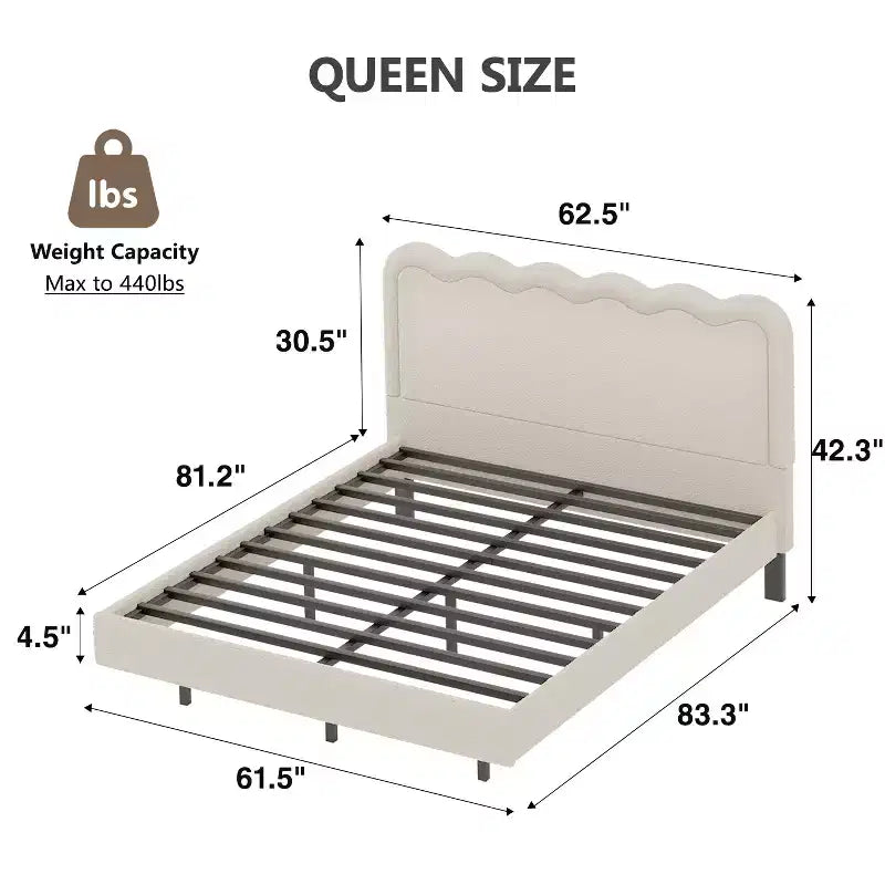 Cadre de lit Dyonery Queen Size en tissu bouclette avec lumières LED, cadre de lit flottant avec tête de lit ondulée et cadre métallique robuste, sans sommier tapissier ni bruit, assemblage facile