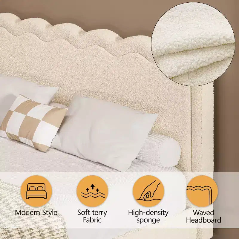 Cadre de lit Dyonery Queen Size en tissu bouclette avec lumières LED, cadre de lit flottant avec tête de lit ondulée et cadre métallique robuste, sans sommier tapissier ni bruit, assemblage facile