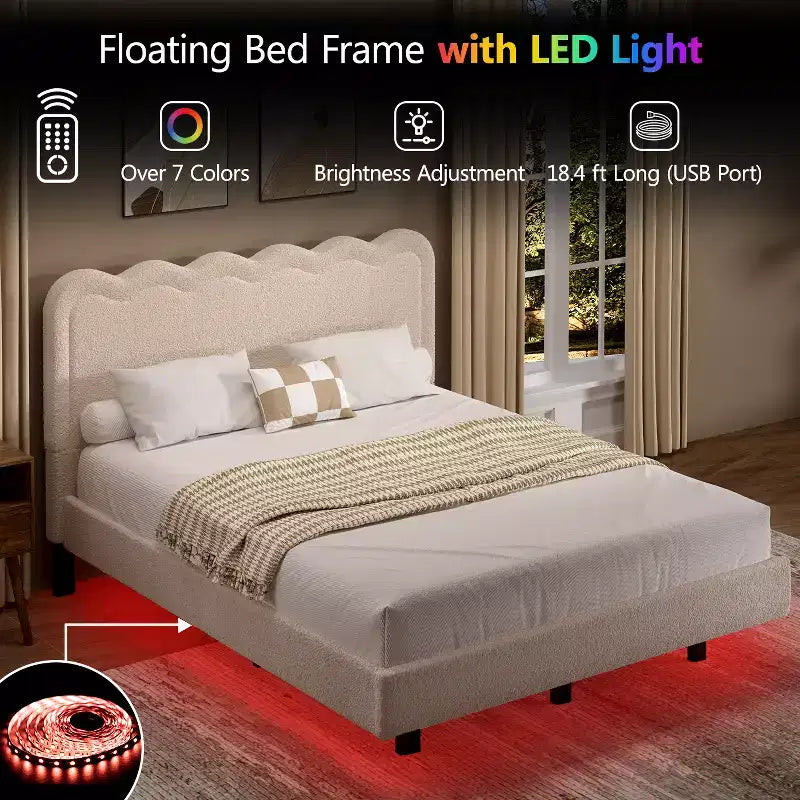 Cadre de lit Dyonery Queen Size en tissu bouclette avec lumières LED, cadre de lit flottant avec tête de lit ondulée et cadre métallique robuste, sans sommier tapissier ni bruit, assemblage facile
