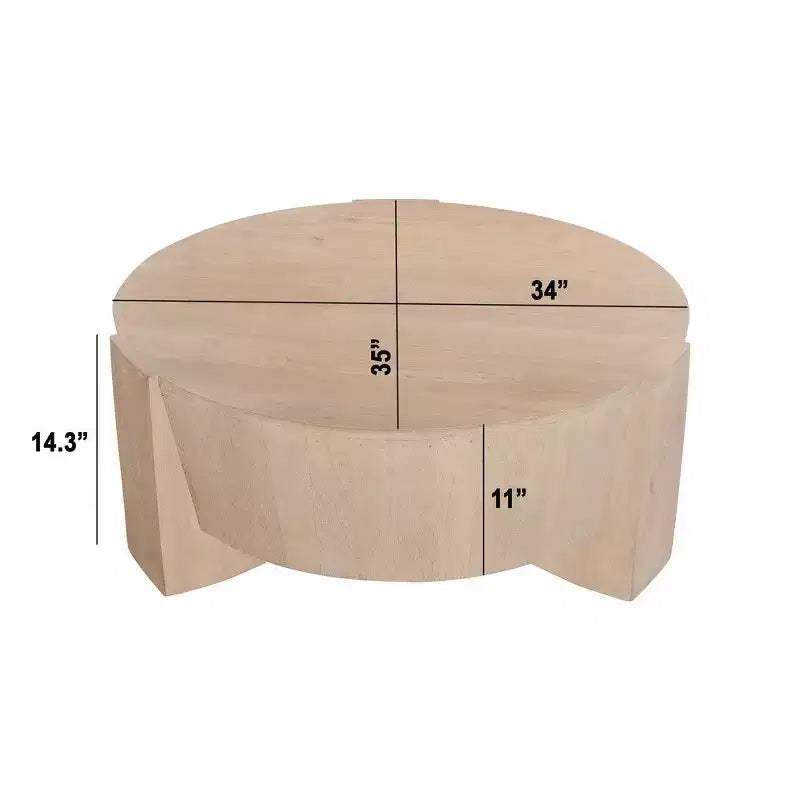 Table basse ronde tambour Royal Hampton de 35 po avec base à 3 pieds, en bois de manguier sablé