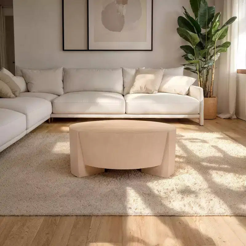 Table basse ronde tambour Royal Hampton de 35 po avec base à 3 pieds, en bois de manguier sablé