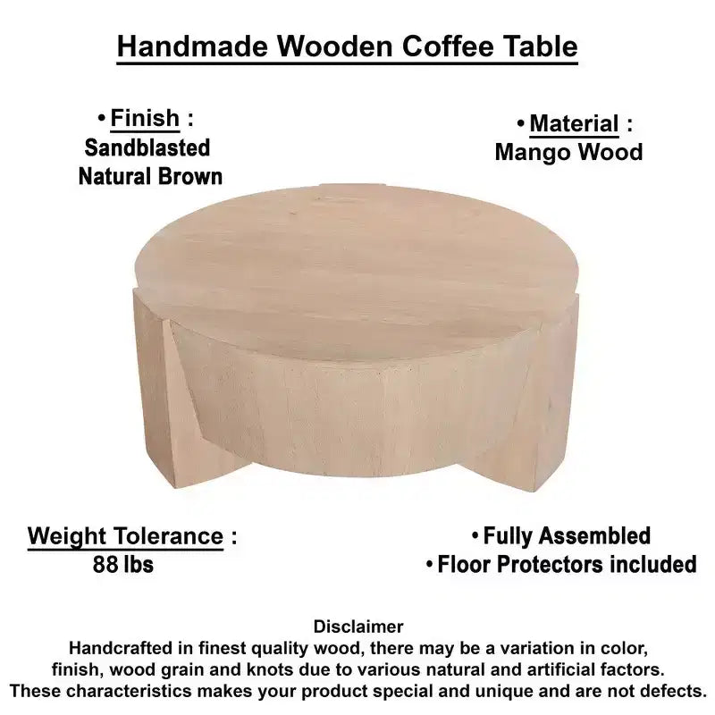 Table basse ronde tambour Royal Hampton de 35 po avec base à 3 pieds, en bois de manguier sablé