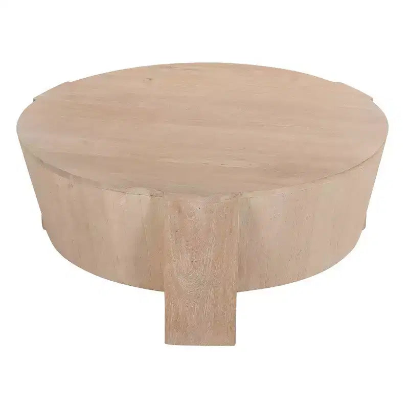Table basse ronde tambour Royal Hampton de 35 po avec base à 3 pieds, en bois de manguier sablé