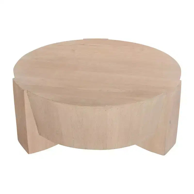 Table basse ronde tambour Royal Hampton de 35 po avec base à 3 pieds, en bois de manguier sablé