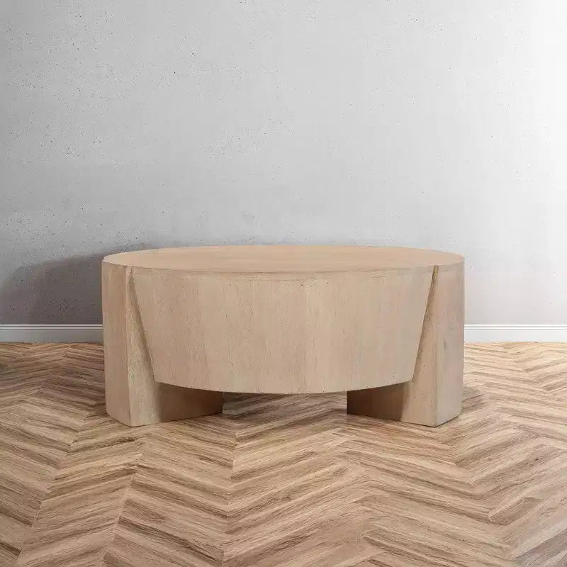 Table basse ronde tambour Royal Hampton de 35 po avec base à 3 pieds, en bois de manguier sablé