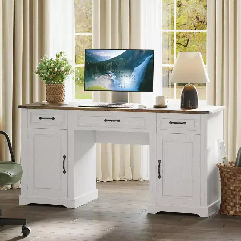 60 Executive Desk with Drawers, Farmhouse Home Office Desk with Storage Cabinets, Rustic Computer Writing Desks