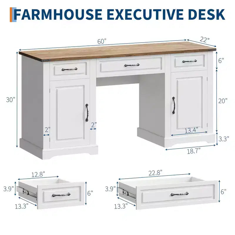 Bureau exécutif de 60 po avec tiroirs, bureau d'ordinateur de style ferme avec armoires de rangement, bureaux d'écriture rustiques