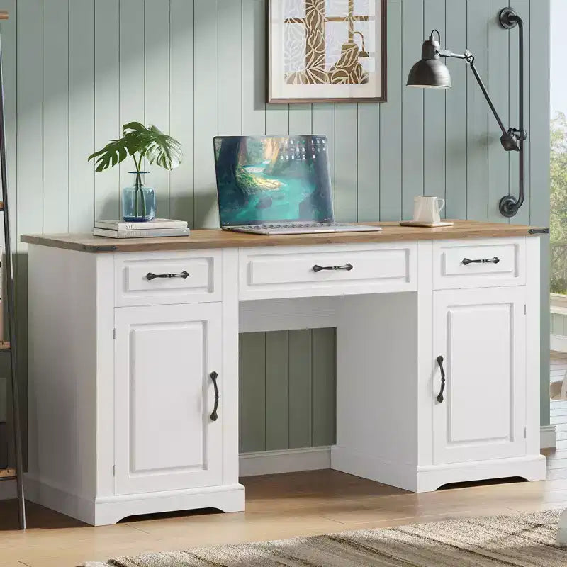 Bureau exécutif de 60 po avec tiroirs, bureau d'ordinateur de style ferme avec armoires de rangement, bureaux d'écriture rustiques