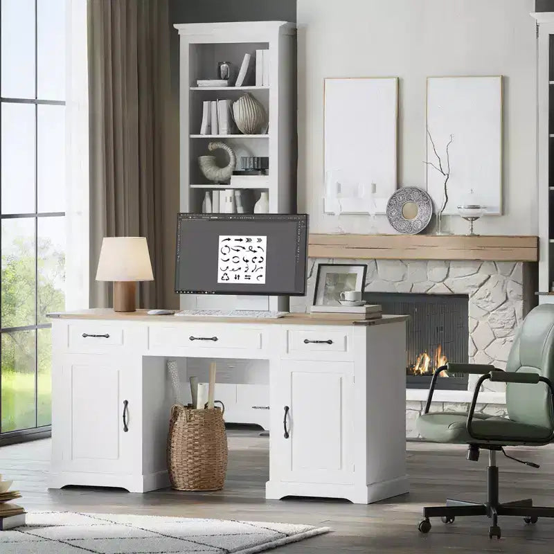 Bureau exécutif de 60 po avec tiroirs, bureau d'ordinateur de style ferme avec armoires de rangement, bureaux d'écriture rustiques