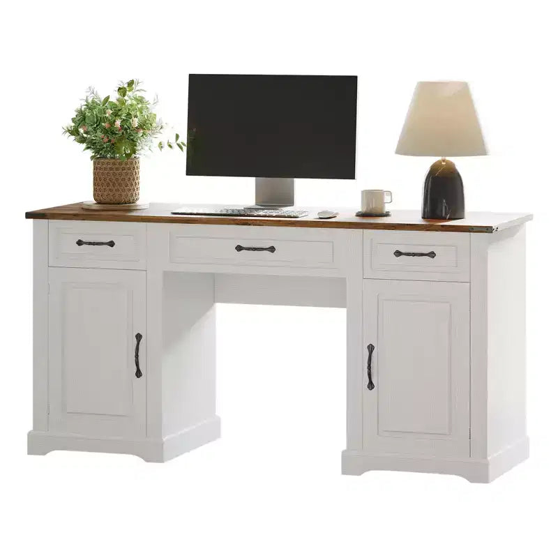 Bureau exécutif de 60 po avec tiroirs, bureau d'ordinateur de style ferme avec armoires de rangement, bureaux d'écriture rustiques