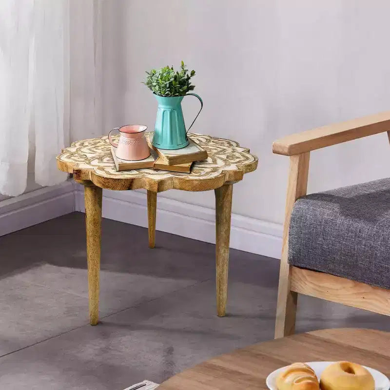 Royal Hampton 18 Inch Handcrafted Mango Wood Side End Table with Floral Carved Top and Tripod Base