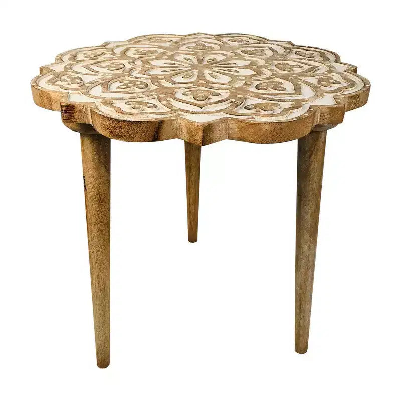 Table d'appoint Royal Hampton de 45 cm en bois de manguier sculpté à la main avec plateau floral et base trépied