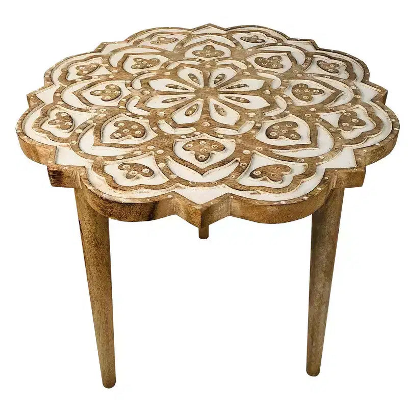 Table d'appoint Royal Hampton de 45 cm en bois de manguier sculpté à la main avec plateau floral et base trépied