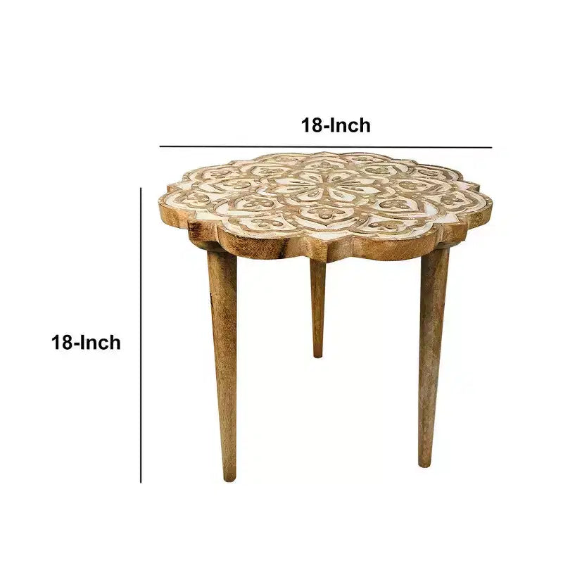 Table d'appoint Royal Hampton de 45 cm en bois de manguier sculpté à la main avec plateau floral et base trépied