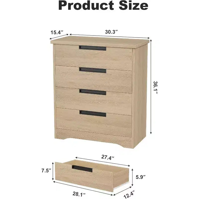 Commode en bois à 4 tiroirs pour chambre à coucher, commode moderne avec poignées encastrées, meuble de rangement pour salon, chambre d'enfant, couloir ou entrée.