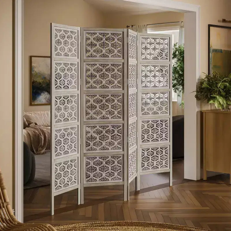 Royal Hampton 4 Panel Folding Room Divider Screen with Floral Carved Design in Mango Wood