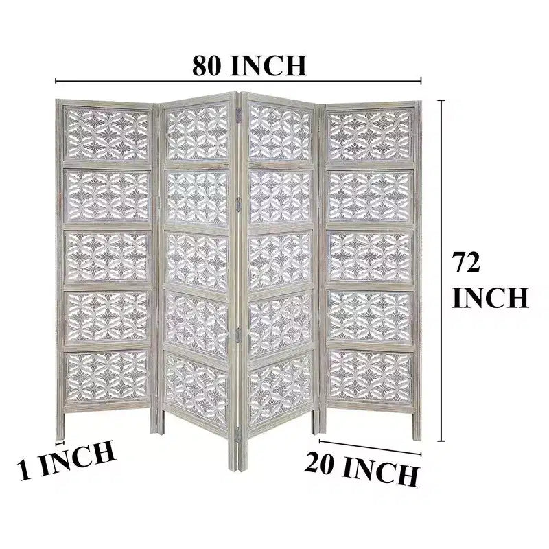 Paravent pliable Royal Hampton à 4 panneaux avec motif floral sculpté en bois de manguier