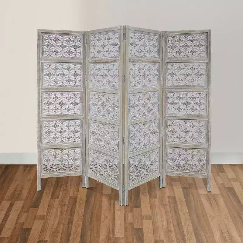 Paravent pliable Royal Hampton à 4 panneaux avec motif floral sculpté en bois de manguier