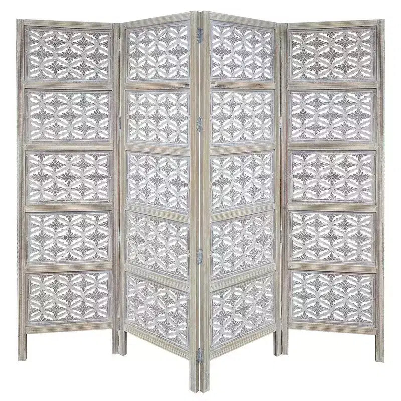 Paravent pliable Royal Hampton à 4 panneaux avec motif floral sculpté en bois de manguier