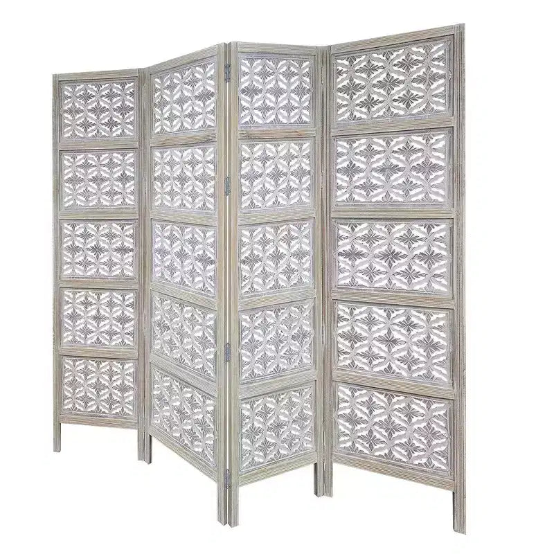 Paravent pliable Royal Hampton à 4 panneaux avec motif floral sculpté en bois de manguier