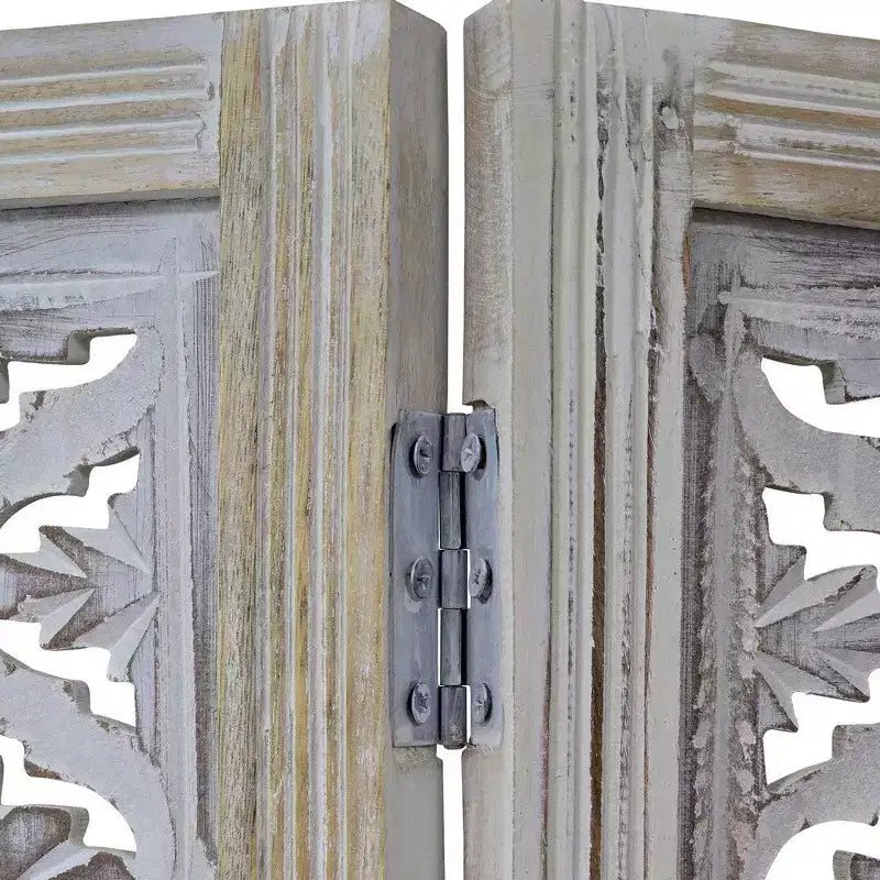 Paravent pliable Royal Hampton à 4 panneaux avec motif floral sculpté en bois de manguier
