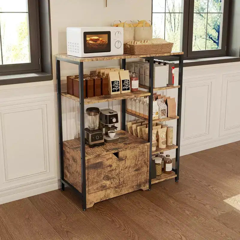 GustoWave Étagère de boulanger avec armoires de rangement, étagères de bar à café industrielles à 5 niveaux, support de micro-ondes de cuisine autoportant de style ferme