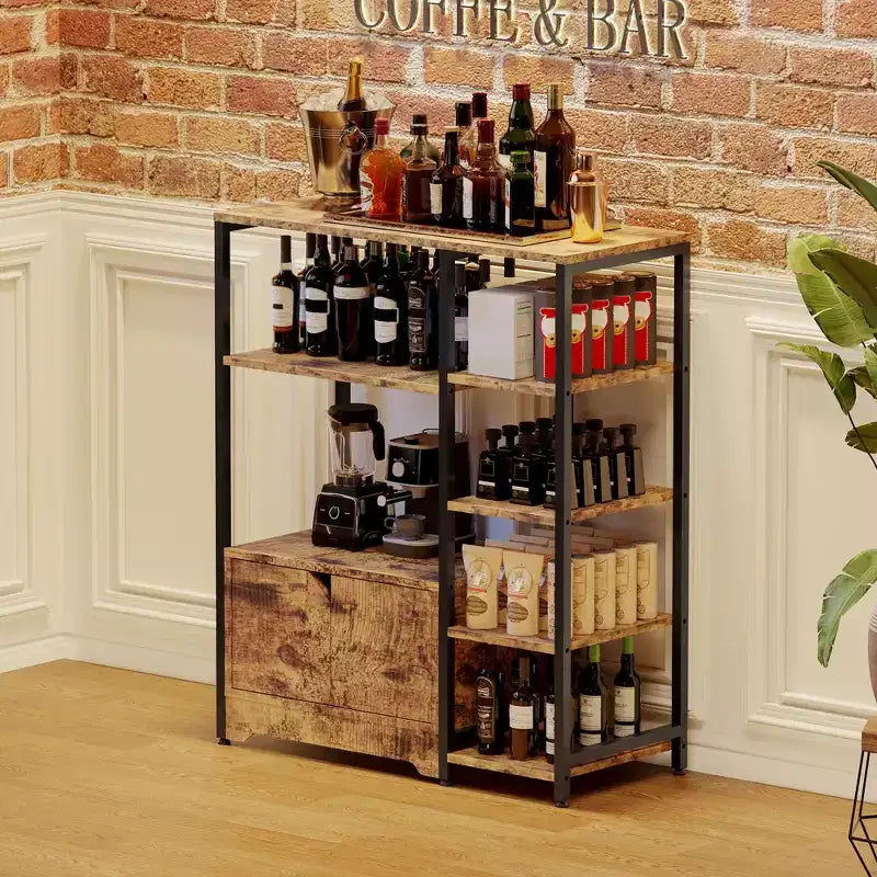 GustoWave Étagère de boulanger avec armoires de rangement, étagères de bar à café industrielles à 5 niveaux, support de micro-ondes de cuisine autoportant de style ferme