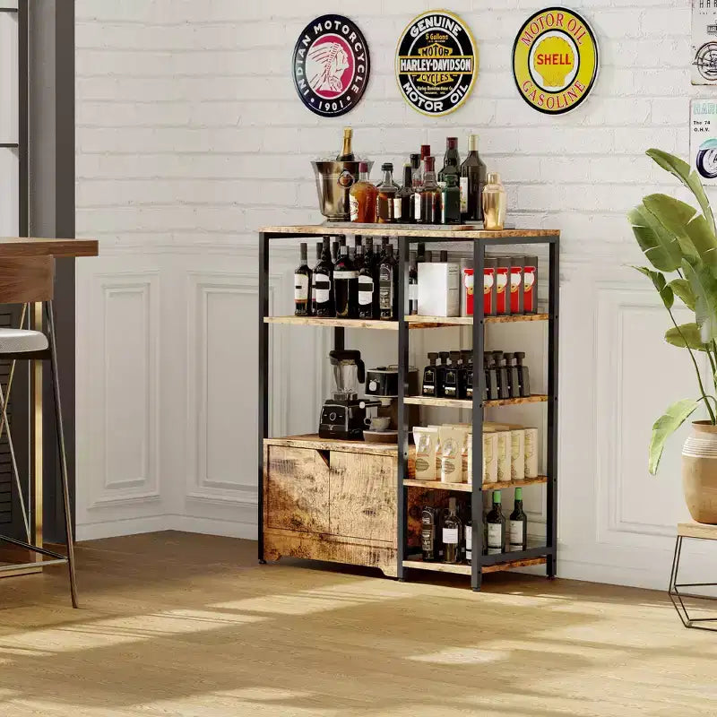 GustoWave Étagère de boulanger avec armoires de rangement, étagères de bar à café industrielles à 5 niveaux, support de micro-ondes de cuisine autoportant de style ferme