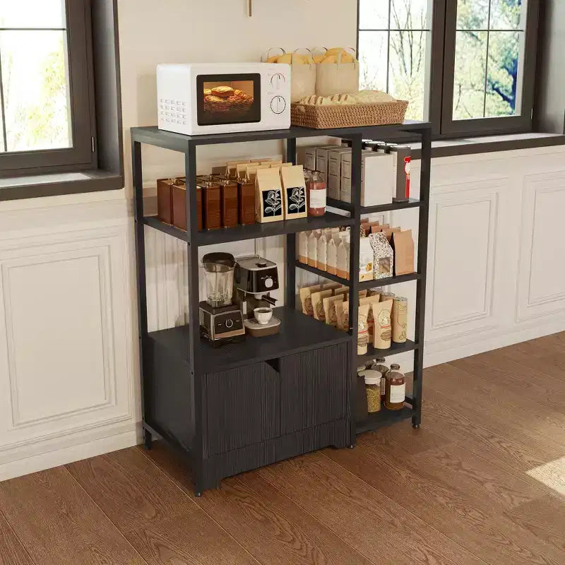 GustoWave Étagère de boulanger avec armoires de rangement, étagères de bar à café industrielles à 5 niveaux, support de micro-ondes de cuisine autoportant de style ferme