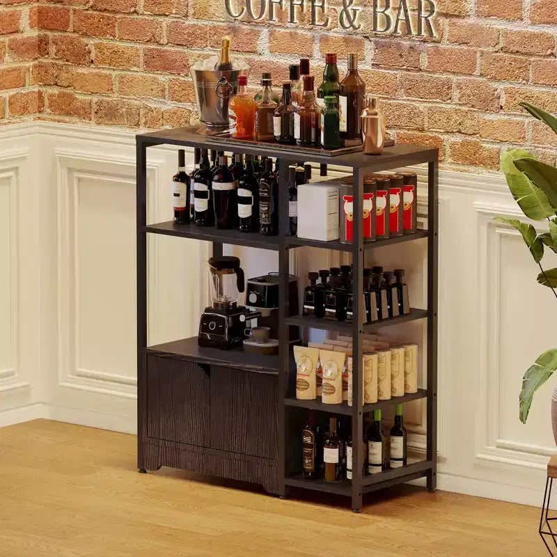 GustoWave Étagère de boulanger avec armoires de rangement, étagères de bar à café industrielles à 5 niveaux, support de micro-ondes de cuisine autoportant de style ferme