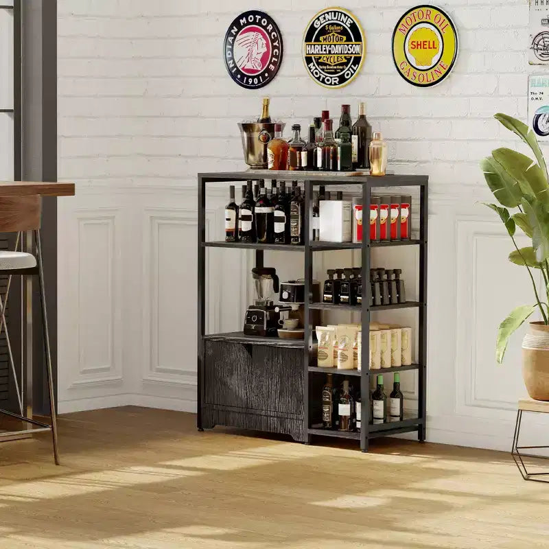 GustoWave Étagère de boulanger avec armoires de rangement, étagères de bar à café industrielles à 5 niveaux, support de micro-ondes de cuisine autoportant de style ferme