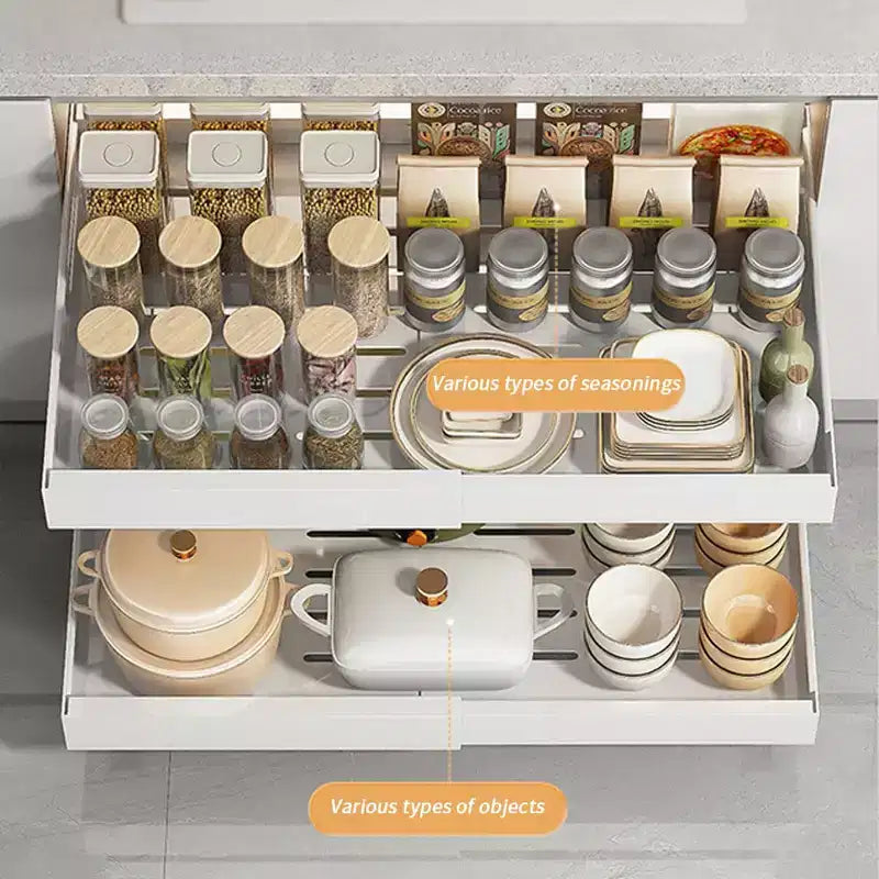 Organisateur coulissant fixe pour armoire, Tiroirs coulissants pour armoires, Rangement coulissant sous évier pour la cuisine