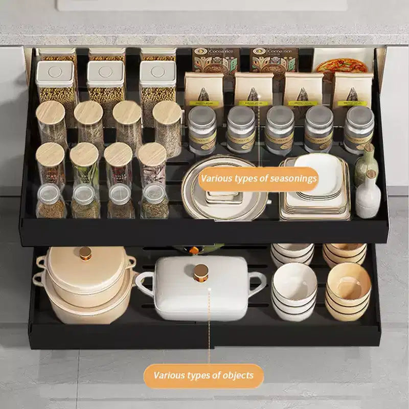 Organisateur coulissant fixe pour armoire, Tiroirs coulissants pour armoires, Rangement coulissant sous évier pour la cuisine