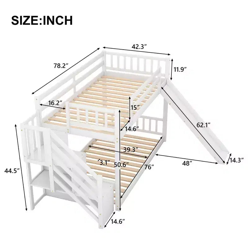 Lit superposé Okak Twin Over Twin au sol avec toboggan et escalier convertibles, lit superposé surélevé en bois de pin massif pour enfants, filles, garçons, facile à assembler