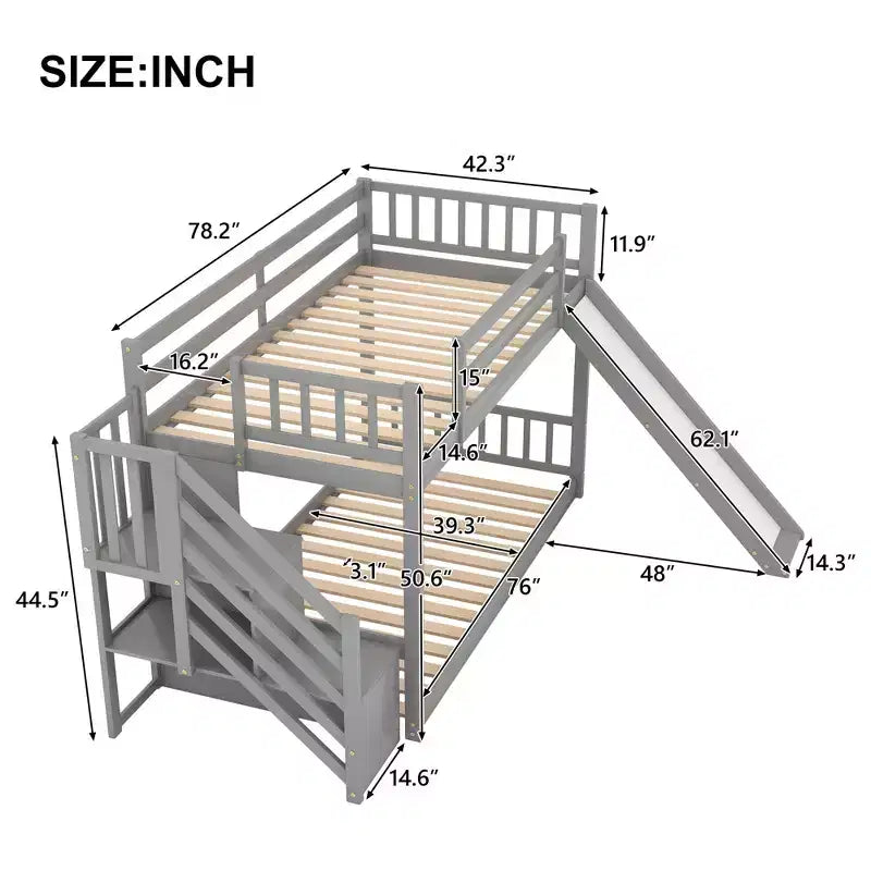Lit superposé Okak Twin Over Twin au sol avec toboggan et escalier convertibles, lit superposé surélevé en bois de pin massif pour enfants, filles, garçons, facile à assembler
