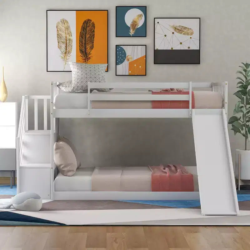 Lit superposé Okak Twin Over Twin au sol avec toboggan et escalier convertibles, lit superposé surélevé en bois de pin massif pour enfants, filles, garçons, facile à assembler