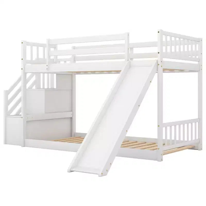 Lit superposé Okak Twin Over Twin au sol avec toboggan et escalier convertibles, lit superposé surélevé en bois de pin massif pour enfants, filles, garçons, facile à assembler