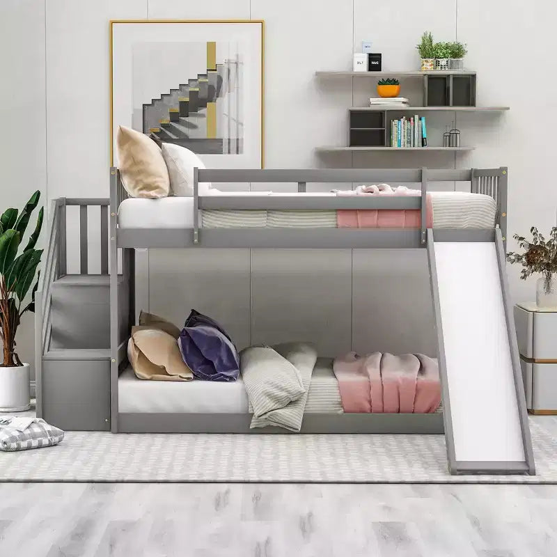 Okak Twin Over Twin Floor Bunk Bed with Convertible Slide and Stairs Solid Pine Wood Loft Bunk Bed for Kids, Girls, Boys Easy Assemble