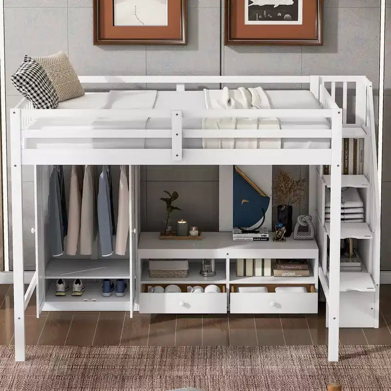 Okak Full Size Wooden Bunk Bed with Built-in Wardrobe, Storage Staircase, Loft Bunk Bed with Low Storage Table for Teens, Easy Assemble, White/Gray