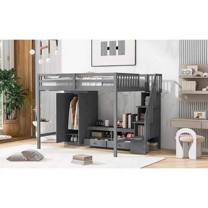 Lit superposé en bois pleine grandeur Okak avec armoire intégrée, escalier de rangement, lit superposé mezzanine avec table basse de rangement pour adolescents, facile à assembler, Blanc/Gris